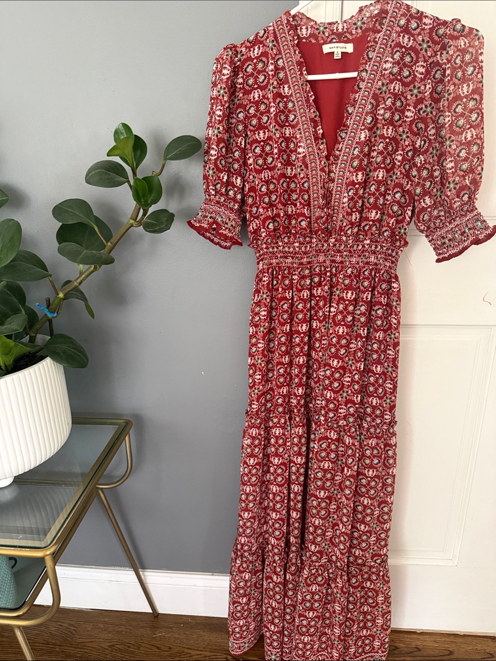 Max Studio Red Printed Smocked-Waist Maxi Dress